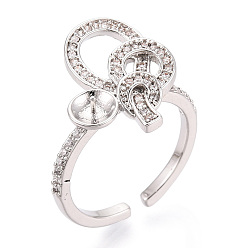 Платина Узел латунный микропаве кубический цирконий чашка колышек закрепка кольца, регулируемые настройки колец для полупросверленных бусин, без кадмия, без никеля и без свинца, платина, 17x15 мм, регулируемый, штифты : 0.6 мм