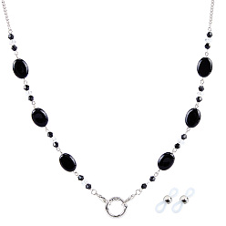 Black Acrylic Oval Beads Eyeglass Chains, with Iron Chain & Alloy Ring and Rubber Loop Ends, Black, 730mm, beads: 13.5mm