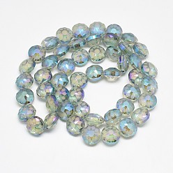 Light Sky Blue Electroplate Glass Beads Strands, Frosted, Rainbow Plated, Faceted, Flat Round, Light Sky Blue, 12x8~9mm, Hole: 1mm, about 50pcs/strand, 23.62 inch