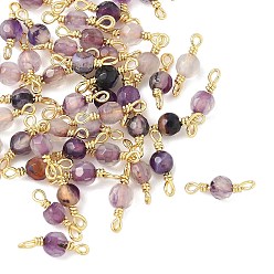 Фиолетовый Крашеный натуральный агат граненые круглые подвески-соединители, с петлями из латунной проволоки, реальный 18 k позолоченный, стойки покрытие, долговечный, фиолетовые, 12.5x4.5 мм, отверстие : 1.2 мм