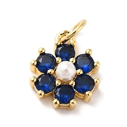 Dark Blue Rack Plating Brass Micro Pave Cubic Zirconia Charms, with Pearl, Cadmium Free & Lead Free, Real 18K Gold Plated, Flower, Dark Blue, 12.5x10.5x4mm, Hole: 3.6mm