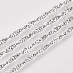 Платина Сингапурские паяные латунные покрытые железом цепи, цепи водных волн, с катушкой, платина, 2x1x0.2 мм, около 328.08 футов (100 м) / рулон