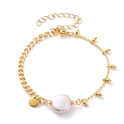 Real 18K Gold Plated Natural Baroque Pearl Keshi Pearl Link Bracelets, with Brass Curb Chains, 304 Stainless Steel Lobster Claw Clasps and Flat Round Charms, Round, White, Real 18K Gold Plated, 7-1/2 inch(19cm)