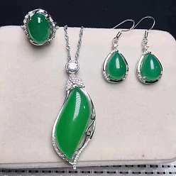 Зеленый 925 ожерелья, серьги и кольца из стерлингового серебра с микропаве из прозрачных кубических цирконий и натуральным халцедоном, платина, овальные, зелёные, 400 мм