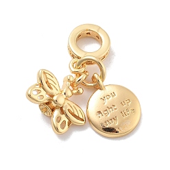 Настоящее золото 18K Латунные прозрачные кубические циркониевые подвески в виде бабочки и плоские круглые европейские подвески, Подвески с большими отверстиями, без кадмия, без никеля и без свинца, за половину пробурено бисера, реальный 18 k позолоченный, 25 мм, отверстие : 4.5 мм
