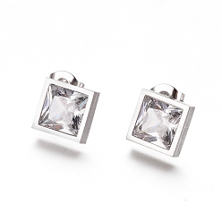 Clear Cubic Zirconia Stud Earrings, with 304 Stainless Steel Findings, Square/Rhombus, Clear, 12.2x12.2mm, Pin: 0.6mm, 6pairs/card