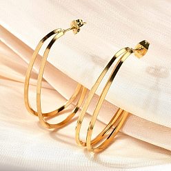 Настоящее золото 18K 304 из нержавеющей стали серьги, ионное покрытие (ip), двухслойный с-образный, реальный 18 k позолоченный, 40x10 мм