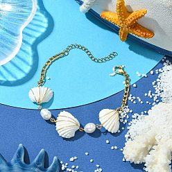 Настоящее золото 18K Браслеты из бисера из ракушек и натурального культивированного пресноводного жемчуга ручной работы, браслеты figaro chains для женщин, формы раковины, реальный 18 k позолоченный, 6-3/4 дюйм (17 см)