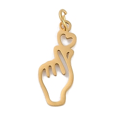 Настоящее золото 18K Ионное покрытие (ip) 304 подвески из нержавеющей стали, с целью перехода в кольце, лазерная резка, палец сердце жест очарование, реальный 18 k позолоченный, 22x9x1 мм, отверстие : 3 мм