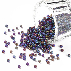 Midnight Blue 12/0 Grade A Round Glass Seed Beads, Transparent Frosted Style, AB Color Plated, Iris, Midnight Blue, 2x1.5mm, Hole: 0.8mm, about 30000pcs/bag