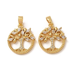 Real 18K Gold Plated Brass Micro Pave Clear Cubic Zirconia Pendants, Round with Tree of Life Charms, Real 18K Gold Plated, 18.5x16.5x3.5mm, Hole: 2x4.5mm