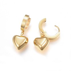 Golden 304 Stainless Steel Dangle Hoop Earrings, Hypoallergenic Earrings, Heart, Golden, 29mm, Pendant: 15x12x7mm, Pin: 1mm