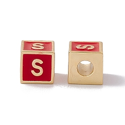 Letter S Стойки покрытие латунь эмаль бисер, без кадмия, без никеля и без свинца, реальный 18 k позолоченный, куб с письмом, красные, letter.s, 6x6x6 мм, отверстие : 2.5 мм