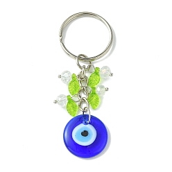 Blue Flat Round with Evil Eye Lampwork Pendant Keychain, with Acrylic Leaf Charm and Iron Split Rings, Blue, 7.4cm