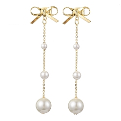 Golden Brass Bowknot Dangle Stud Earrings, Shell Pearl Beaded Long Drop Earrings, Golden, 52x14.5mm