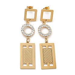 Rectangle Ion Plating(IP) Golden 304 Stainless Steel Geometry Dangle Stud Earrings, Rhinestone Ring Drop Earrings, Rectangle, 62x14mm