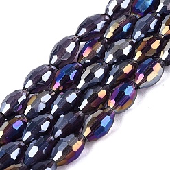 Indigo Electroplate Transparent Glass Beads Strands, Rice, AB Color Plated, Faceted, Indigo, 8~8.5x5.5~6mm, Hole: 1~1.2mm, about 67~68pcs/strand, 21.46~22.24 inch(54.5~56.5cm)