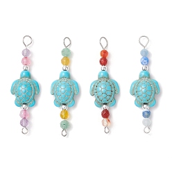 Turtle 4шт. 4 цвета летний пляжный окрашенный синтетический бирюзовый соединительные подвески, с натуральным аквамарином, окрашенным агатом, зеленым авантюрином и аметистом, гранеными круглыми бусинами и 304 двойными петлями из нержавеющей стали, цвет нержавеющей стали, черепаха, 44.5~45.5x13x7 мм, отверстие : 2 мм, 1 шт / цвет