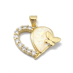 Real 18K Gold Plated Brass Micro Pave Clear Cubic Zirconia Pendants, Cadmium Free & Lead Free, with Sythetic Opal, Heart, Real 18K Gold Plated, 19x23.5x4.5mm, Hole: 4x3.5mm