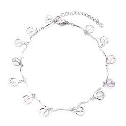 Stainless Steel Color Tarnish Resistant 304 Stainless Steel Peace Sign Charm Anklets, with Bar Link Chains, Stainless Steel Color, 9-1/2 inch(24cm)