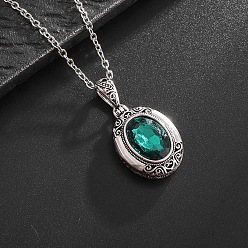 Teal Alloy Acrylic Oval Photo Locket Pendant Necklaces for Women, Antique Silver, Teal, 19.69 inch(50cm)