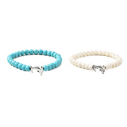 Mixed Color 2Pcs 2 Color Tibetan Style Alloy Dolphin & Synthetic Turquoise Round Beaded Stretch Bracelets Set, Stackable Bracelets, Mixed Color, Inner Diameter: 2 inch(5cm), 1Pc/color