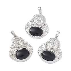 Обсидиан Природные подвески обсидиана, прелести будды, со стойкой платинового тона с латунным покрытием, без кадмия и без свинца, 39x32x9.5 мм, отверстие : 8x4.5 мм