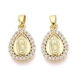 Настоящее золото 18K Религия латунь микро проложить цирконий подвески, слезинка с чарами Девы Марии, реальный 18 k позолоченный, 17x11x3 мм, отверстие : 4.5x2.5 мм