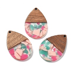Pink Подвески из смолы и ореха, слеза, розовые, 36.5x24.5x2.5 мм, отверстие : 2 мм