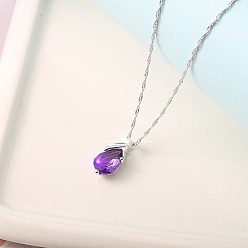 Teardrop Ожерелья с подвесками из цинкового сплава и фиолетовыми кубическими цирконами для женщин, платина, слеза, 17.72 дюйм (45 см)