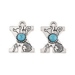 Letter X Подвески из синтетической бирюзы и сплавов, письмо амулеты, античное серебро, Письмо X, 24x18.5x4 мм, отверстие : 3 мм