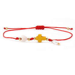 Желтый Пластиковые браслеты с подвесками из искусственного жемчуга, Браслеты из натуральных ракушек, синтетической бирюзы и латунных бусин, плетеные из бусин, для женщин., крест и сердце, желтые, 11.02 дюйм (28 см)