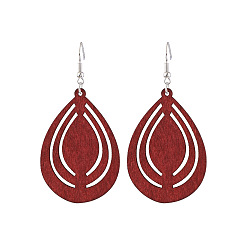 Темно-Красный Серьги-подвески в форме капли из полого дерева, платина, темно-красный, 80x40 мм