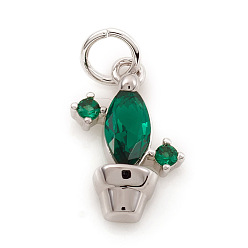 Platinum Brass Micro Pave Cubic Zirconia Charms, with Jump Ring, Cactus, Green, Long-Lasting Plated, Platinum, 11x7x2.5mm, Hole: 2.5mm
