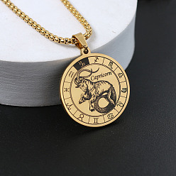 Козерог Плоские круглые с созвездием 201 ожерелья из нержавеющей стали с подвеской, золотые, Козерог, 23.62 дюйм (60 см)