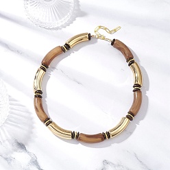 Цвет Древесины 12мм двухцветные акрил, пластик ccb и кокосовые изогнутые трубчатые бусины ожерелья для женщин, золотые, деревесиные, 16.50 дюйм (41.9 см)