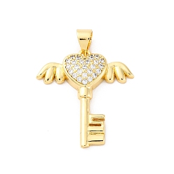 Настоящее золото 16K Латунные микро проложить кубического циркония подвески, без кадмия и без свинца, ключ с любовными чарами, реальный 16 k позолоченный, 23x21.5x4.5 мм, отверстие : 5x3.5 мм