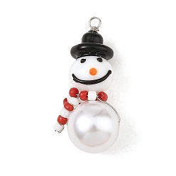 Roja Navidad lampwork hecho a mano colgantes, encantos de muñeco de nieve, con cuentas acrílicas de imitación de perlas y cuentas de vidrio pequeñas, rojo, 41.5x18.5x15.5 mm, agujero: 3 mm