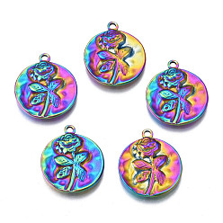 Rainbow Color Ионное покрытие (ip) 304 подвески из нержавеющей стали, без кадмия, без никеля и без свинца, плоские круглые с розовым цветком, на день Святого Валентина, Радуга цветов, 21x18x2 мм, отверстие : 1.6 мм