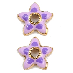 Lilac 304 Stainless Steel Enamel Bead Cap, Flower, Ion Plating(IP), Golden, Lilac, 8x8x2mm, Hole: 1.6mm