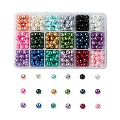 Mixed Color 18 Colors Glass Pearl Beads, Pearlized, Round, Mixed Color, 8~9mm, Hole: 1mm, 18 Colors, about 30pcs/color, 540pcs/box