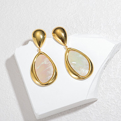 Белый Серьги-гвоздики в форме капли 304 из натуральной нержавеющей стали с подвесками из ракушек, золотые, белые, 57x24 мм