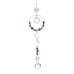 Amethyst Glass Beads & Natural Amethyst Chip Beads & Brass Hanging Suncatchers, Sun & Moon, for Garden Window Ornaments, 315mm
