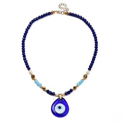 Golden teardrop, with Evil Eye Lampwork Pendant Necklaces, with Glass Beads, Glass Pearl Beads, Brass Beads and Zinc Alloy Lobster Claw Clasps, Golden, 17.72 inch(45cm)