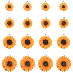 Темно-Оранжевый 20 шт 4 стили подвески из непрозрачной смолы, с платиновыми тоновыми железными петлями, очарование подсолнуха, темно-оранжевый, 19.5x16x5 мм, отверстие : 2 мм, 5 шт / стиль