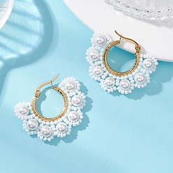 Раковина Серьги-кольца с цветком из ракушечного жемчуга, синтетической зеленой бирюзы и натурального черного оникса, С 304 результатами из нержавеющей стали, золотые, 29.5x37x6.5 мм