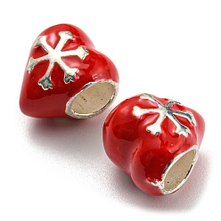 Red Christmas Brass Enamel European Beads, Large Hole Beads, Lead Free & Cadmium Free, Long-Lasting Plated, Platinum, Heart with Snowflake, Red, 11x10x9.5mm, Hole: 5mm