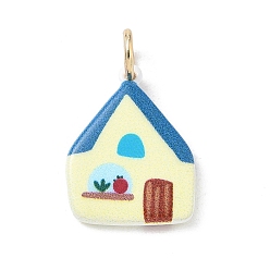 Colorful Printed Brass Pendants, House Charms, Golden, Colorful, 19x15x2.5mm, Hole: 4mm
