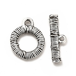 Antique Silver Tibetan Style Alloy Toggle Clasps, Textured Ring, Antique Silver, Ring: 20x16x3mm, Hole: 2.2mm, Bar: 7.5x24x2.5mm, Hole: 1.4mm