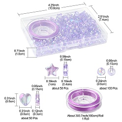 Lilas Kit de fabrication de bracelet extensible bricolage, y compris coeur, étoile et perles acryliques rondes, fil élastique, lilas, perles: 6~10x3~6 mm, Trou: 1~1.5mm, 200 pcs / boîte
